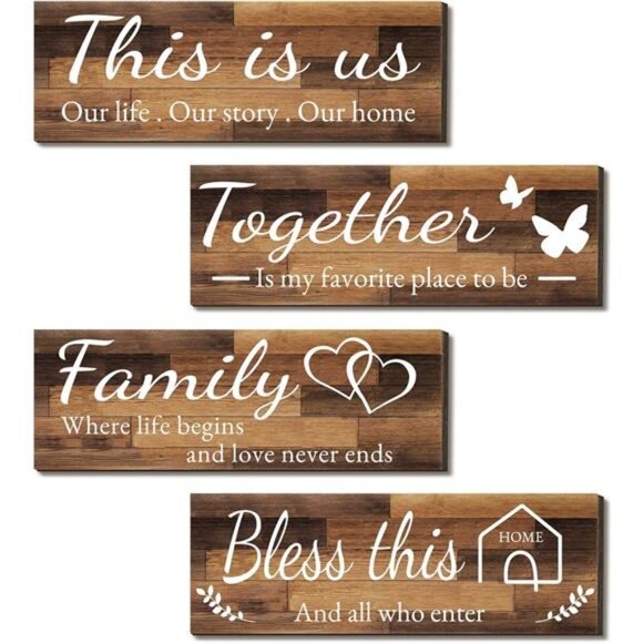 4 Pieces Home Wall Signs, THIS IS US/TOGETHER/BLESS THIS HOME/FAMILY Wall Decor - Picture 1 of 7